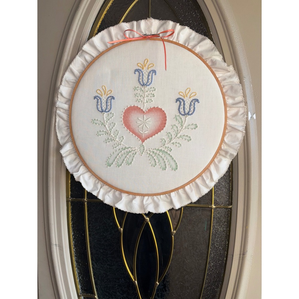 Cottage Core Hand Embroidered Heart Floral Hoop Wall Hanging.